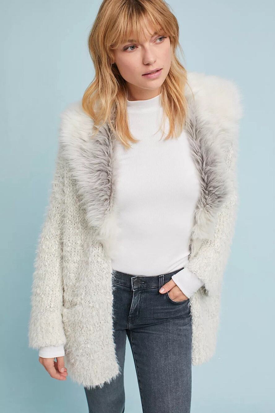 Anthropologie Sleeping On Snow XS Faux Fur Collar Cardigan Jacket White Silver